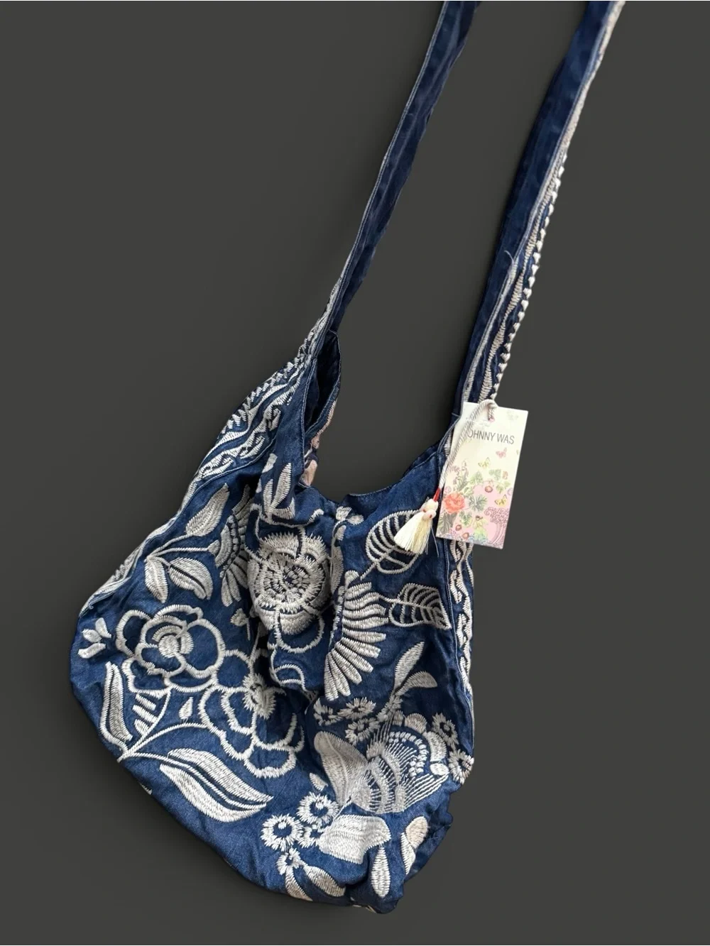 NWT Johnny Was Denim Embroidered Lucinda Wide Strap Slouchy Hobo Tote Bag $268